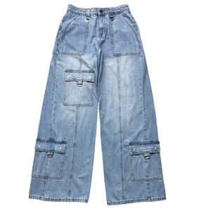 Y2K Hot Topic Denim Metal D-Ring Wide Barrel Leg Cargo Jeans Rave Skater Size 5
